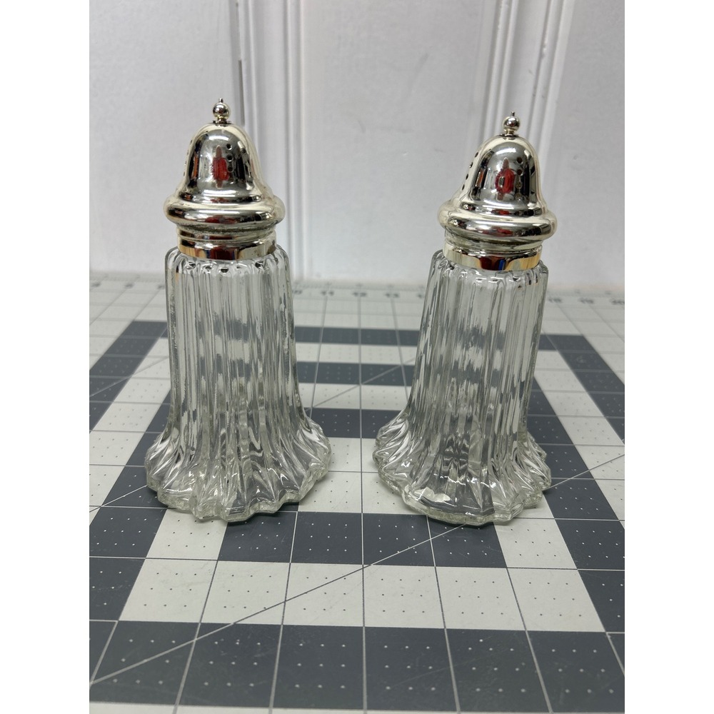 Vintage Leonard Crystal Salt and Pepper Shakers Japan Silver Plated Top Set